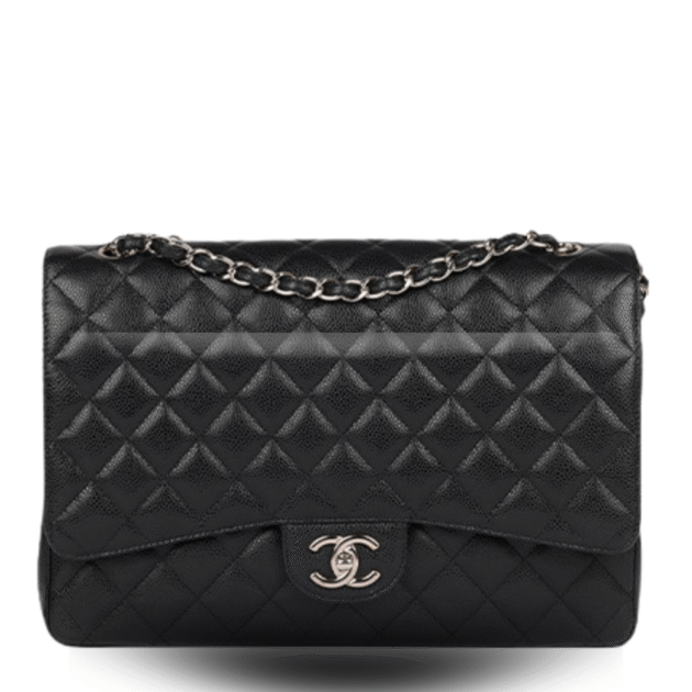 Chanel Classic Flap Bag in Black Caviar Leather with Silver Hardware